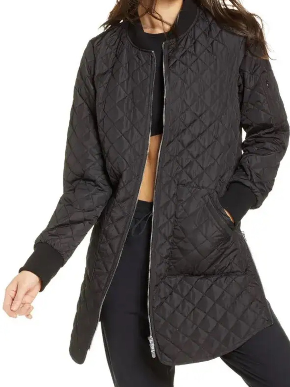 Zella Women’s Longline Quilted Bomber Jacket In Black Size XS S Coat